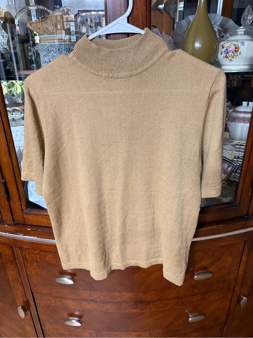 Braemar Women S Tan Beige Mock Neck Short Sleeve Knit Sweater Top Vintage Style